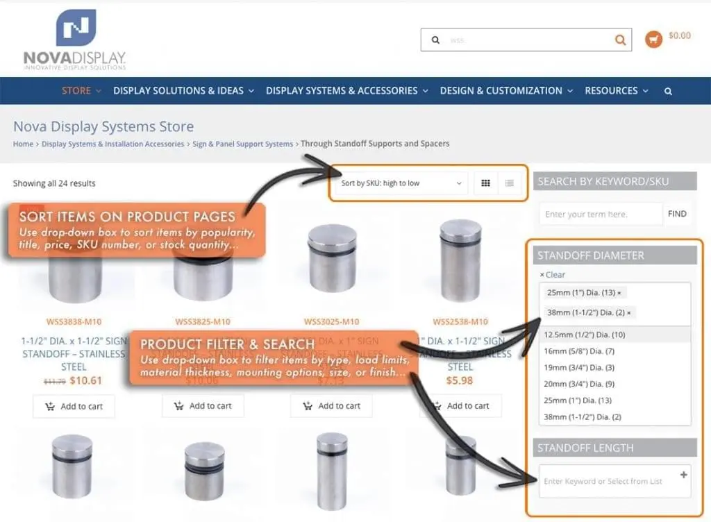 WEB STORE PRODUCT FILTERING | www.novadisplaysystems.com