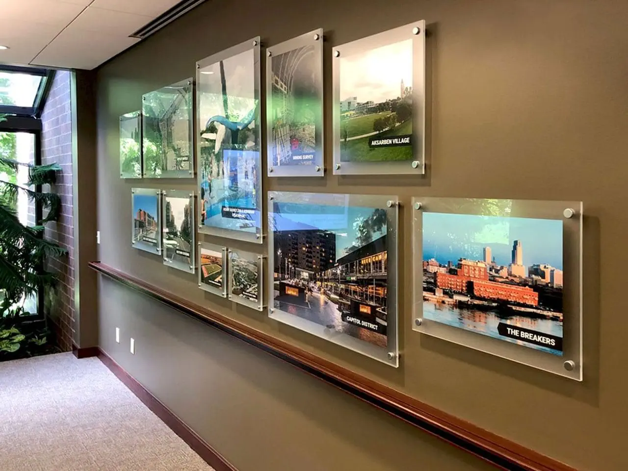 W2509 — Frameless Acrylic Poster Frames with Standoffs / Lamp Rynearson Conference Room