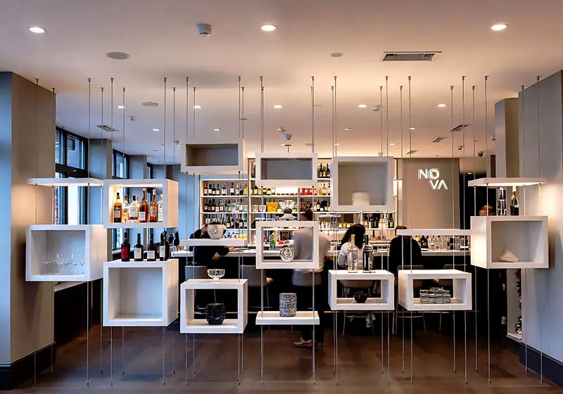 DC1619 — Product Showcase Display Concept | Cable Suspended Decorative Shelves for Bars and Restaurants