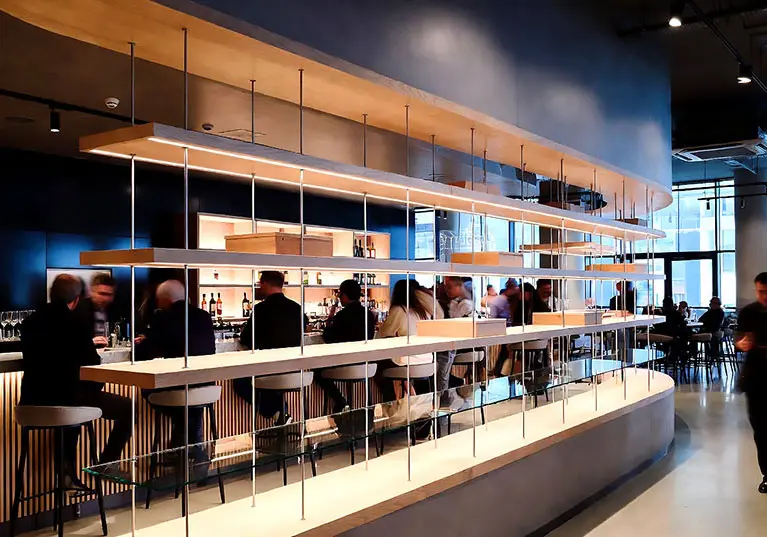 DC1624 — Product Showcase Display Concept | 10mm Rod Suspended Decorative Shelves for Bars and Restaurants