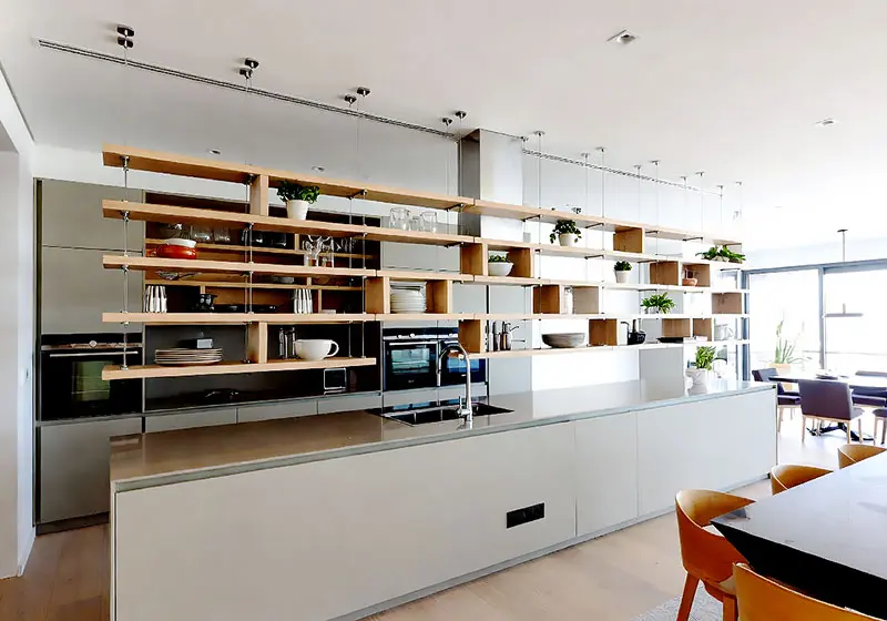 DC1626 — Product Showcase Display Concept | Wooden Shelves Suspended with Rod Systems