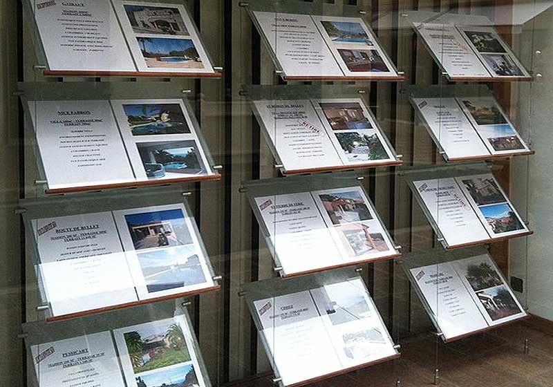 Cable Suspended Info/Poster Displays with Acrylic Angled Shelves