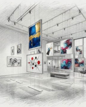 DR1001 — Cable Suspended Framed Artwork in Gallery Setting | Design Concept