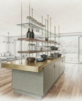 DR1313 — Kitchen Wood Block Shelves Suspended with Rod System | Design Concept