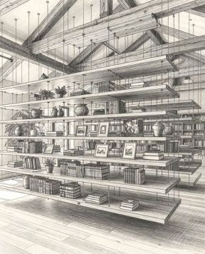 DR2203 — Wood-Block Shelves for Books and Collectibles Suspended with Cable Suspension System | Design Concept