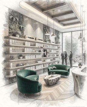DR2310 — Wood Shelves for Beauty Supplies and Jewelry Suspended with Rod System | Design Concept