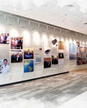 DR3001 — Acrylic Framed Employee Photos and Company Info Suspended with Wall-to-Wall Cable System | Design Concept