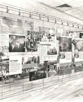 DR3503 — Corporate Values Statement Display with Cable Suspended Acrylic Frames | Design Concept