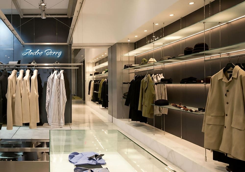 R5012 — Retail Display with Glass Shelf Suspended on Rod Systems | Design Concept