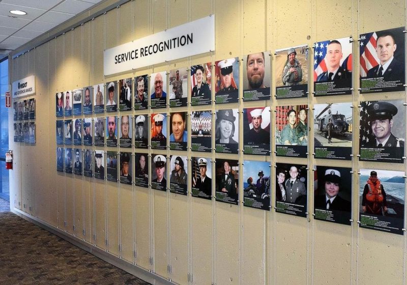 T2017 — Recognition Wall Display with Acrylic Photo Frames / Cable Suspended from Wall Tracks