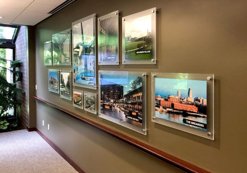 W2509 — Frameless Acrylic Poster Frames with Standoffs / Lamp Rynearson Conference Room